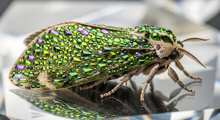 Closeup macro shot of a stunning green moth adorned with iridescent, jewellike scales, showcasing intricate details and vibrant colors