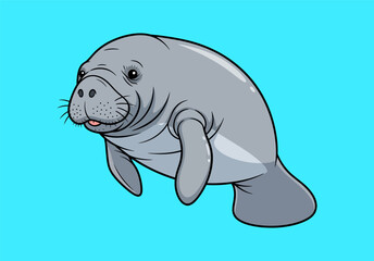 Adorable manatee cartoon vector illustration. A cute sea cow, an endangered aquatic mammal, isolated on a simple blue background for design