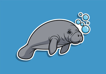 Cartoon Illustration of a Gray Manatee Swimming in Blue Water with Bubbles, Artistic Design