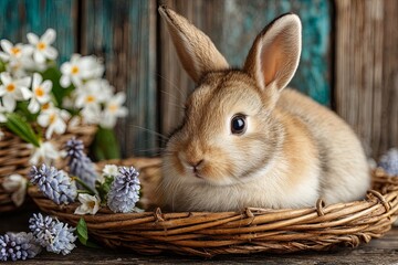 Light Brown Rabbit in Wicker Basket Surrounded by Colorful Flowers on Rustic Background