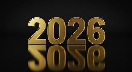 Luxurious Golden 2026 Text with Reflection on Black Background