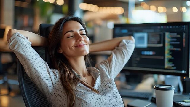 A stylish woman reclines in her office chair amidst a modern workspace taking break, enjoying a relaxing moment. The setting has technology, suggesting a balance between work and personal relaxation.