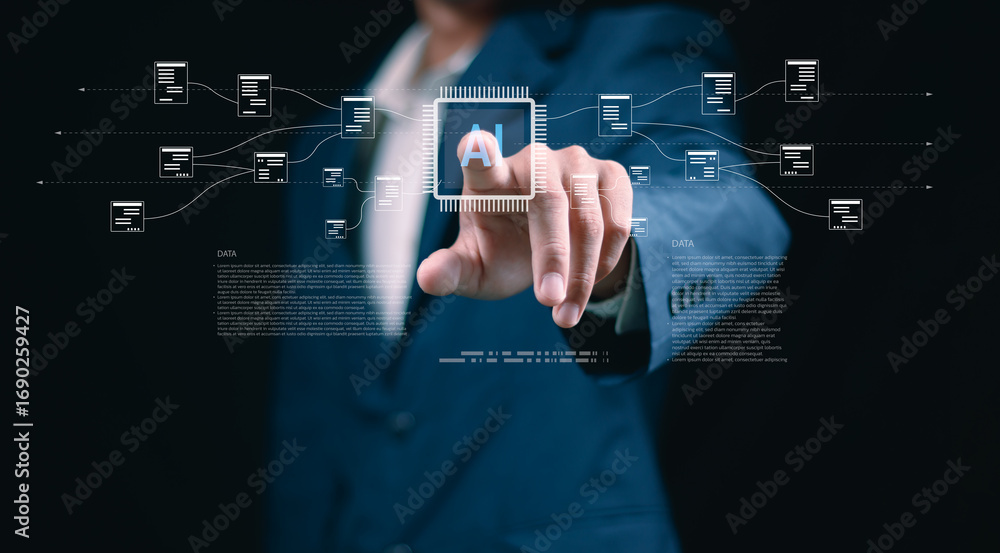 Poster businessman writing at ai microchip with data flow diagrams, symbolizing artificial intelligence, ma