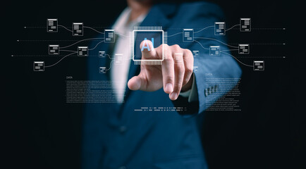 Businessman writing at AI microchip with data flow diagrams, symbolizing artificial intelligence, machine learning, and advanced technology for digital innovation and automation solutions.