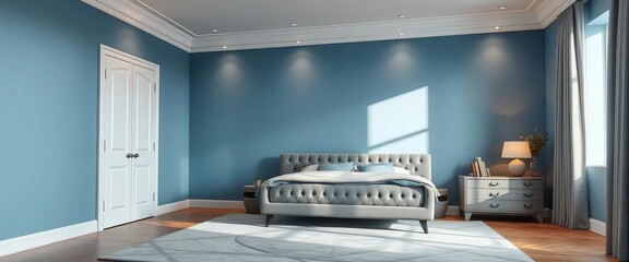 Serene blue bedroom, grey upholstered bed, soft lighting,  real estate photography,  bedroom styling