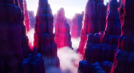 Surreal alien canyon landscape with towering rock formations bathed in vibrant pink and purple light, shrouded in ethereal mist