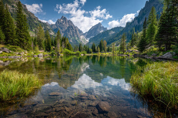 Serene clear mountain lake reflecting surrounding pine trees and rugged peaks under a bright blue sky with scattered clouds on a sunny day