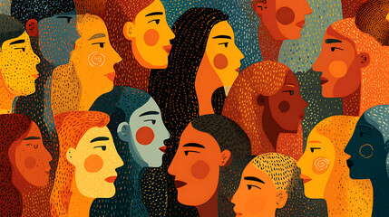 Diverse faces in vibrant colors showcasing unity and cultural richness in a lively setting