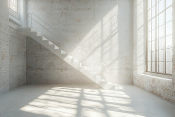 Obraz premium Staircase in the center of a white brick wall.