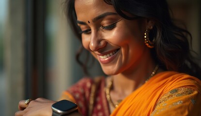 confident Indian woman looking at smartwatch in studio
