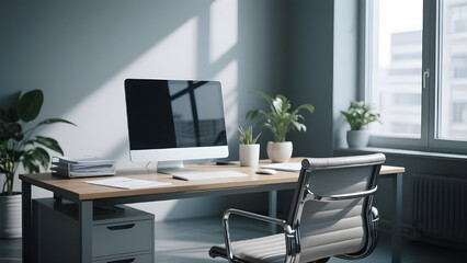 A clean and modern office space with natural light, featuring a minimalist desk setup with a computer, plants, and a comfortable chair.