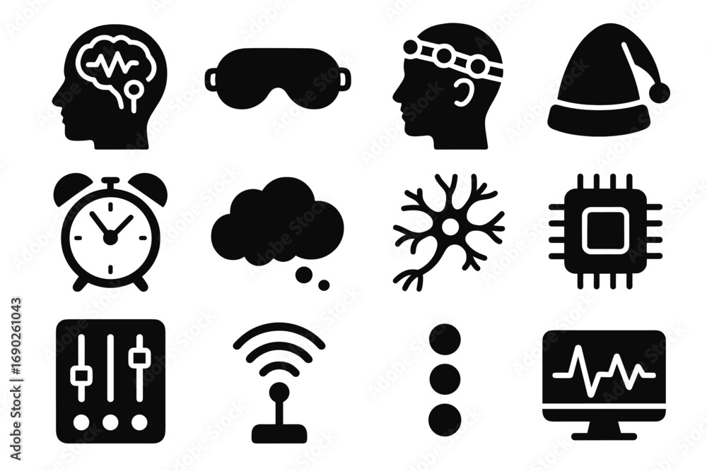 Poster dream led memory sleep headset control data vector alarm icons analyzing icon