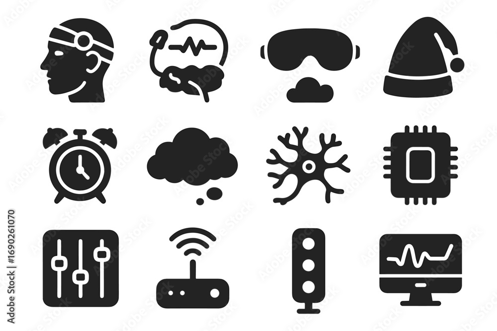 Poster led eeg monitoring indicator sensor wireless icons module alarm nightcap vector icon