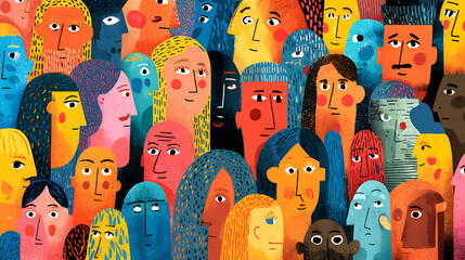 Colorful crowd of diverse abstract faces with varying expressions and hairstyles in vibrant hues