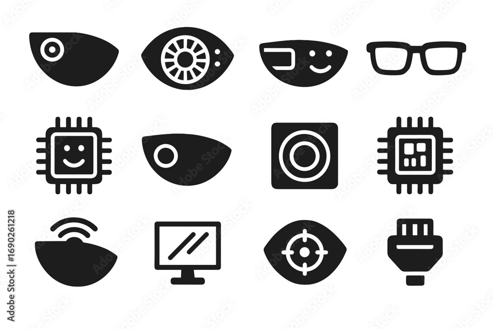 Poster vector transmitter facial microcamera icon futuristic detector chip smart display icons connector
