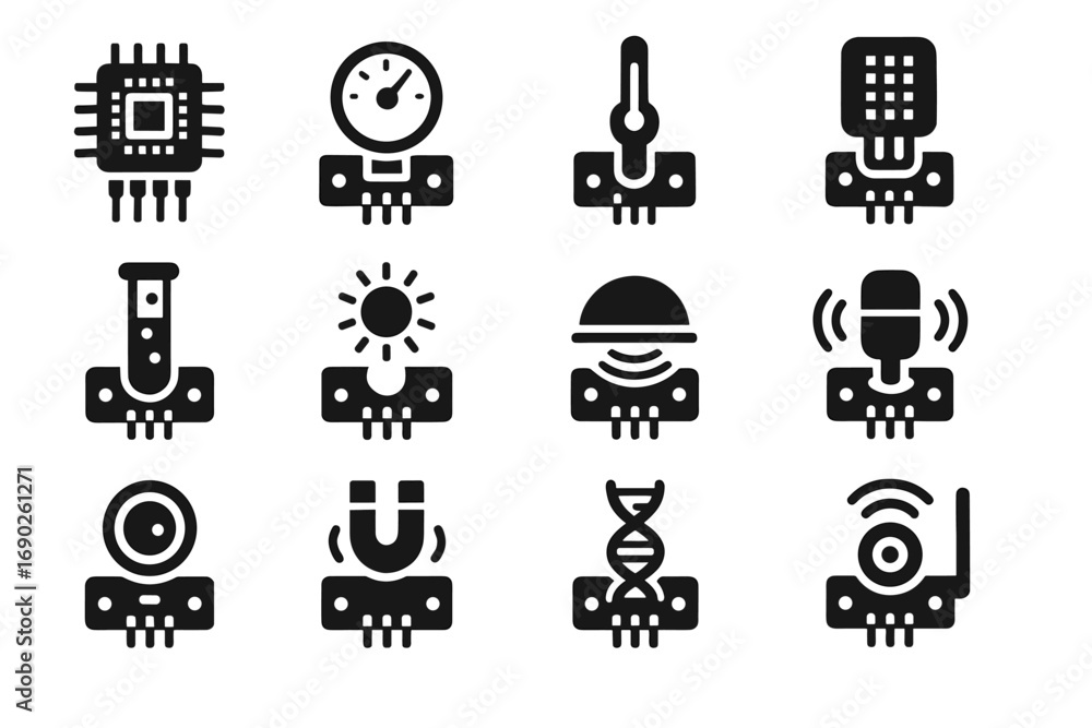 Poster microchip detector module light chemical sensor collection vector icon analyzer motion