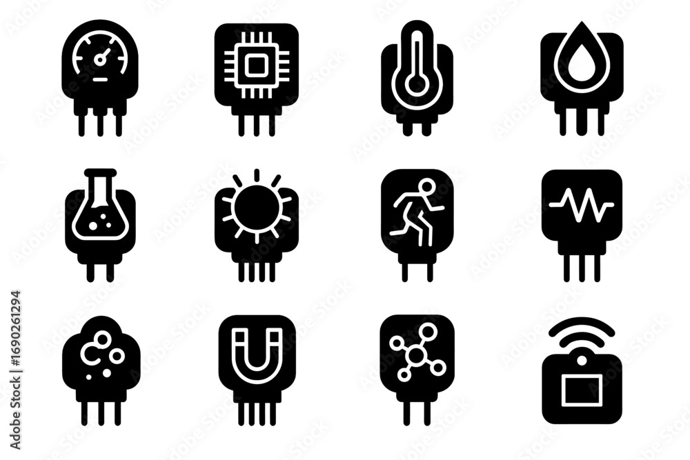 Poster temperature gas vector sensor microchip motion icon light futuristic icons vibration chemical