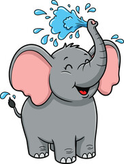 Cute cartoon baby elephant spraying water with trunk, happy playful animal illustration, isolated on white background for kids content.