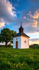 Fototapeta premium Small chapel in a field at sunset