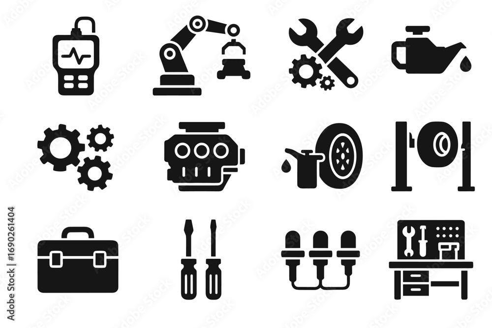 Poster tire vector engine block mechanic sensors robotic icon system can diagnostic