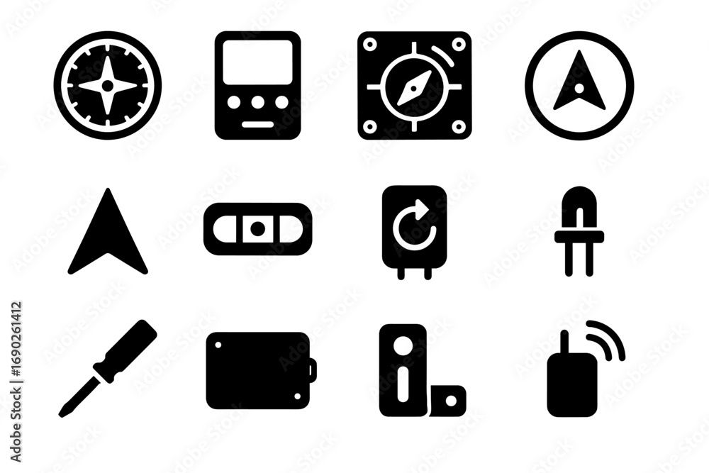 Poster level compass transmitter rotation digital dial led icon sensor casing vector