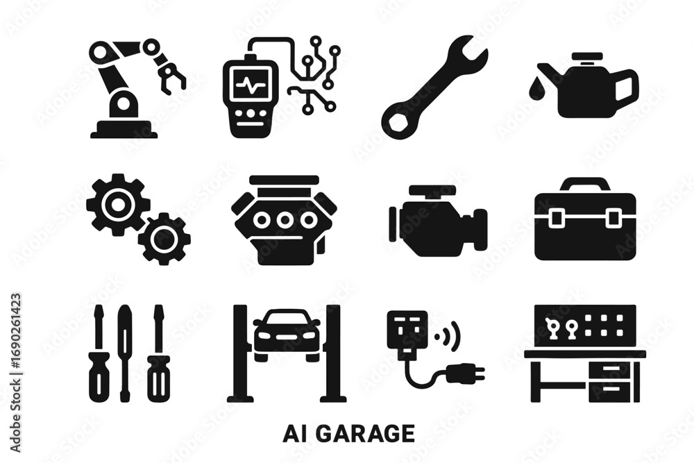 Poster gear ai icon garage block engine vector toolbox oil diagnostic scanner system