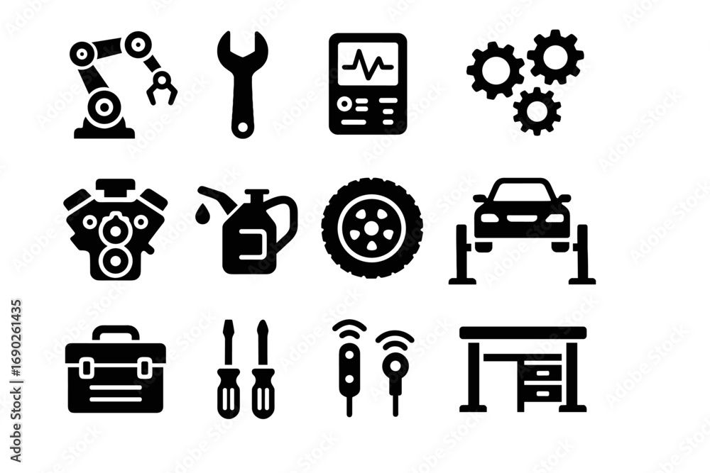 Poster can engine workbench hydraulic sensors robotic workshop icons system toolbox icon vector