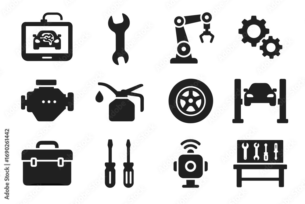 Poster ai auto robotic workbench mechanic vector sensors engine hydraulic oil block icon