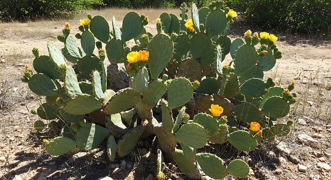 Large prickly pear cactus with yellow flowers in bloom.