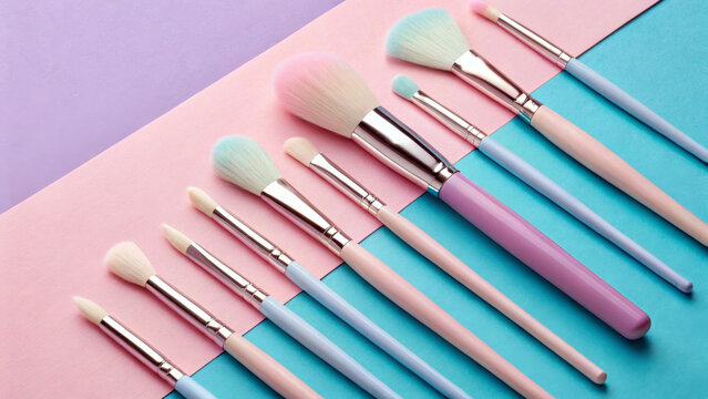 A set of makeup brushes is arranged neatly on a background of alternating pink and blue sections. The brushes vary in size and shape, showcasing soft pastel hues and metallic handles.AI generated.