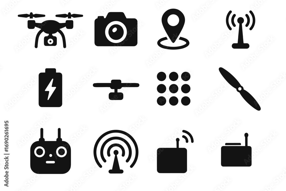 Poster lights data radar vector battery icon rotor drone controller communication transmitter quantum