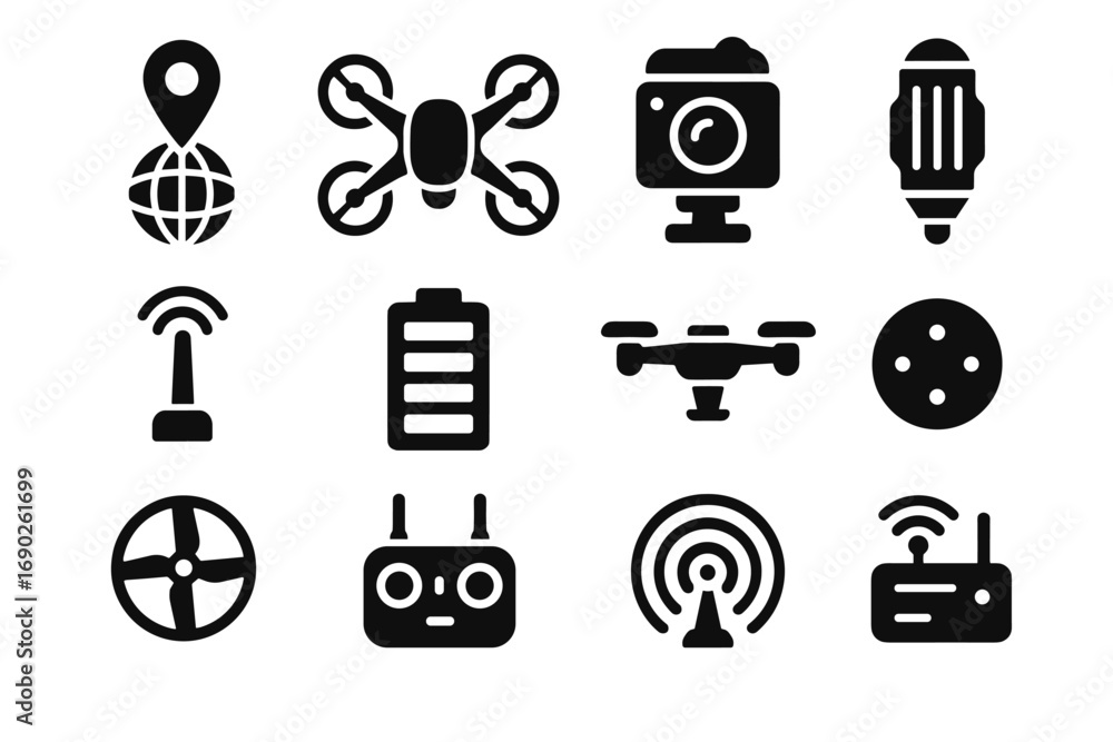 Poster icon drone communication remote sensor camera led vector futuristic module pack lights