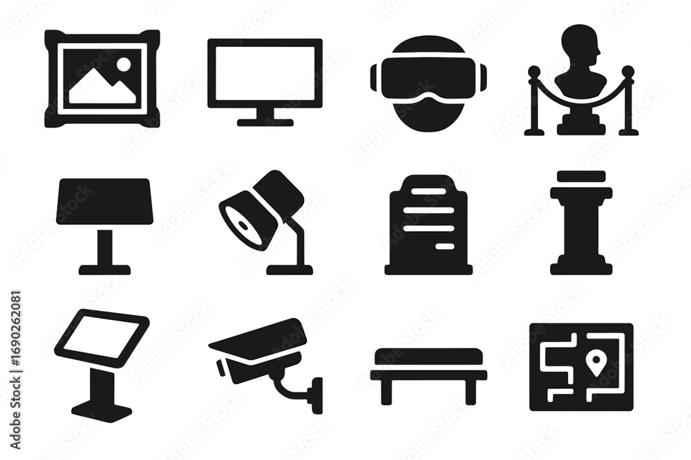 Poster tech gallery vr sculpture panel icon vector headset virtual information frame display