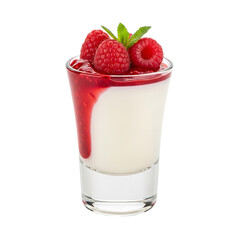 Photo of a delicious panna cotta dessert topped with fresh raspberries and mint, isolated on transparent background