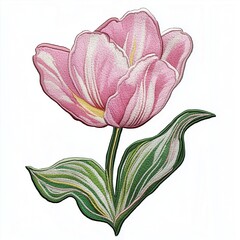 Pink tulip blossom flower with leaves patch embroidery sewing cloth, isolated white