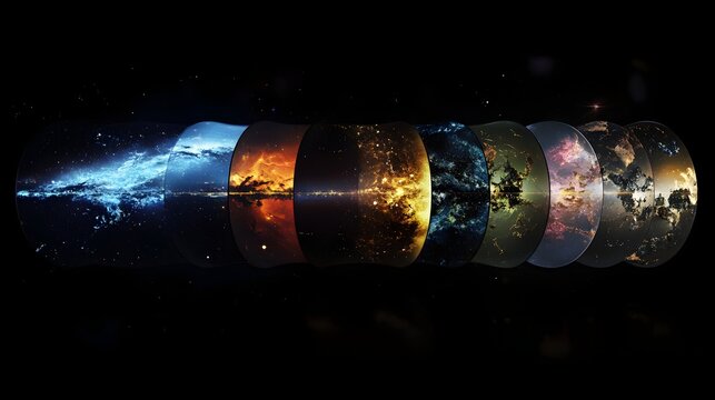 Multiple universe layers showing different cosmic scenes and celestial bodies in a conceptual art piece