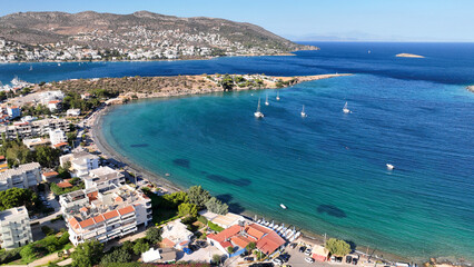 Aerial drone photo of bay of Porto Rafti famous Athenian summer destination, Attica, Mesogeia,...