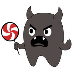 Funny cartoon illustration of an angry tooth monster with horns, fangs, and a lollipop, symbolizing cavities, sugar damage, and unhealthy dental habits.