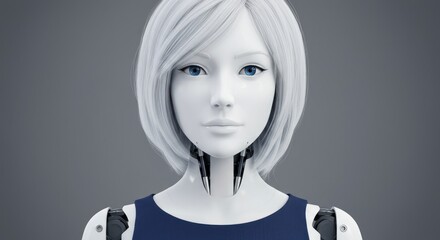 A photorealistic render of a humanoid robot with white skin and blue eyes