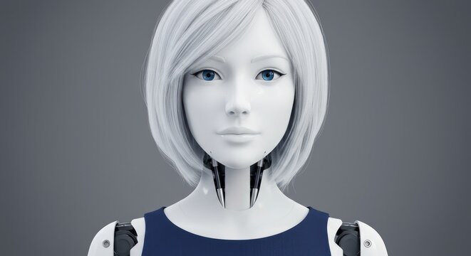 A photorealistic render of a humanoid robot with white skin and blue eyes - Powered by Adobe