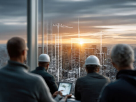 Engineers, architects, and construction workers observe futuristic city skyline with digital building overlays at sunset - Powered by Adobe