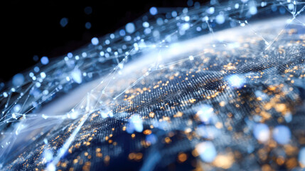 Digital representation of a globe with interconnected glowing nodes depicting global communication and network connectivity across a dark background