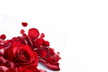 白い背景に赤いバラの花と花びら