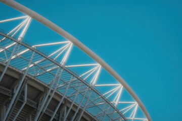 Closeup view of a stadiums white steel structure against a clear blue sky, showcasing its intricate design
