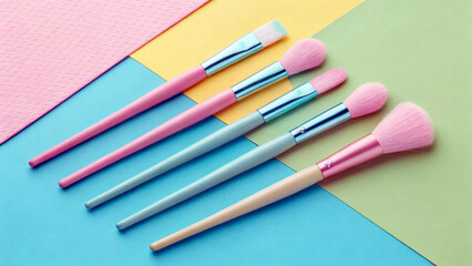 Naklejka premium A collection of pastel-colored makeup brushes is artfully arranged on a vibrant,multi-hued background. Each brush showcases a different shade,complementing the playful and soft texture of the scene.AI