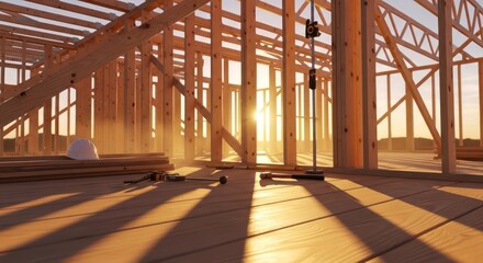 Construction Site Interior: Wooden Frame with Tools and Sunset Lighting.