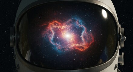 Astronaut helmet reflects a colorful nebula in deep space