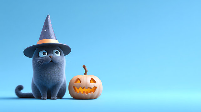 Cute gray cat wearing a witch hat sits beside a carved pumpkin on a blue background