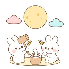 Cute cartoon rabbits making rice cake under full moon, Chuseok Korean Mid-Autumn Festival vector illustration