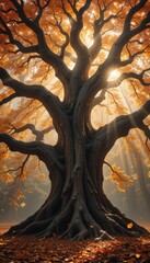 Ancient gnarled oak tree with vibrant orange autumn leaves and sun rays